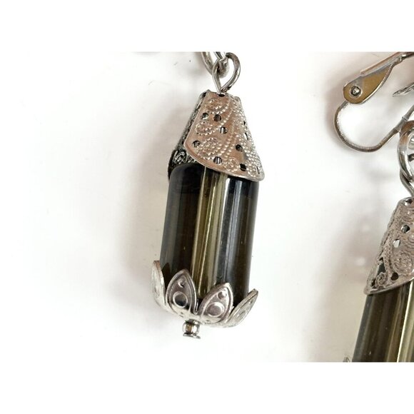 Silver Toned Silver Cylinder Rhinestone Vintage Clip On Dangle Earrings - Picture 5 of 10